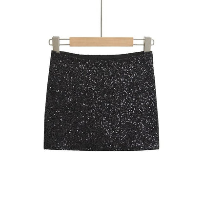 Sequin-Embellished Pencil Mini Skirt with Elevated Waist