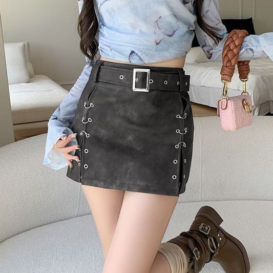 Grommet Washed Faux Leather Slit Mini Pencil Skirt with Belt