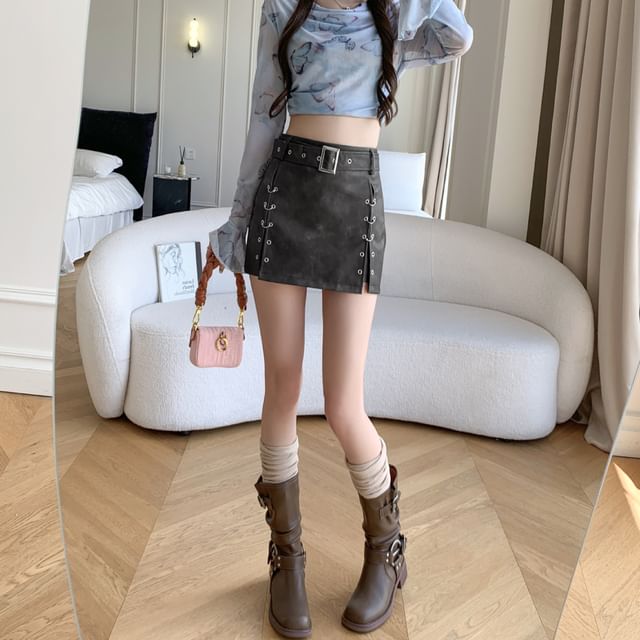 Grommet Washed Faux Leather Slit Mini Pencil Skirt with Belt