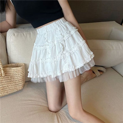 Layered High-Waist Flared Mini Skirt