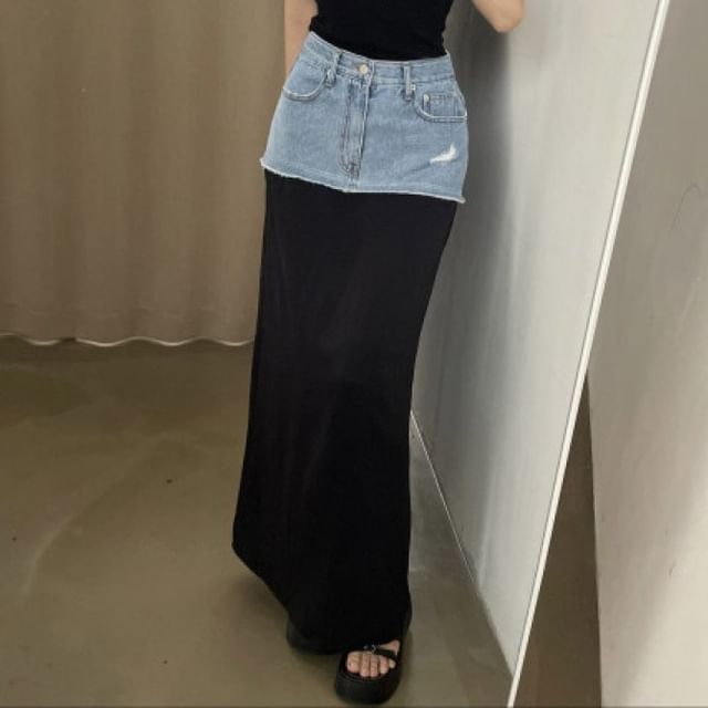 Distressed Washed Denim Panel Maxi Pencil Skirt with High Rise