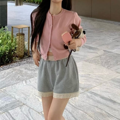 Crop Cardigan, Lace Trim Shorts & Cami Top Set