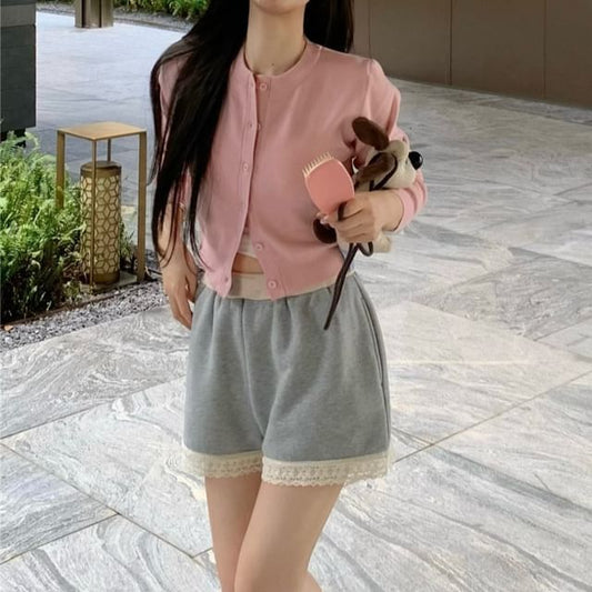Crop Cardigan, Lace Trim Shorts & Cami Top Set