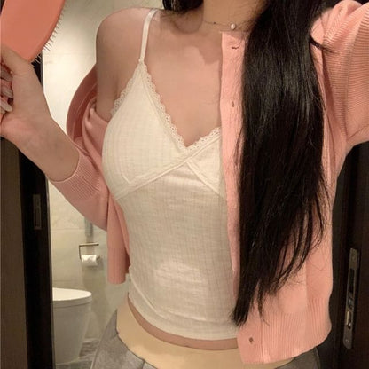 Crop Cardigan, Lace Trim Shorts & Cami Top Set