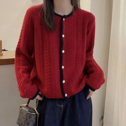 Round Neck Contrast Trim Cable Knit Cardigan