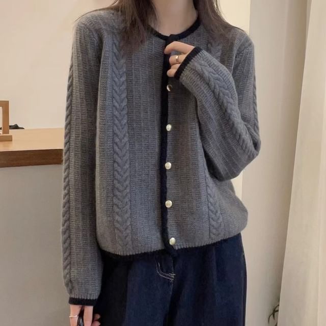 Round Neck Contrast Trim Cable Knit Cardigan