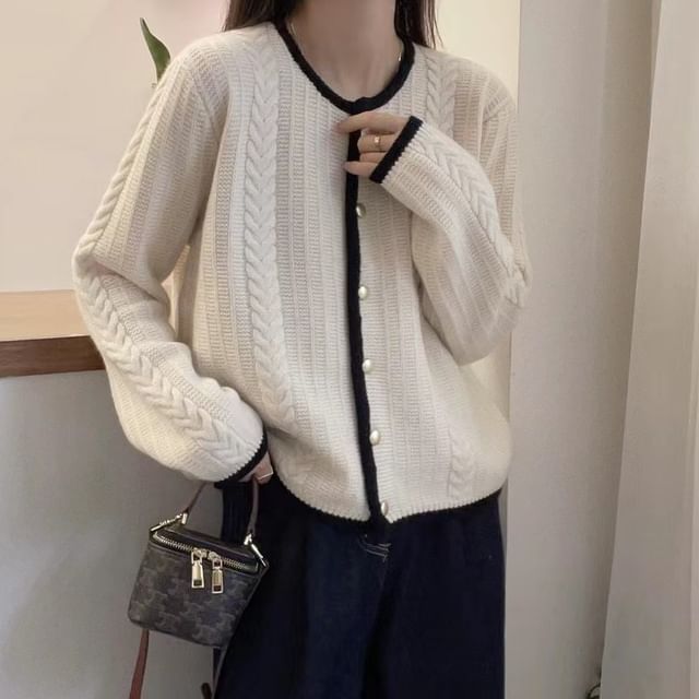 Round Neck Contrast Trim Cable Knit Cardigan