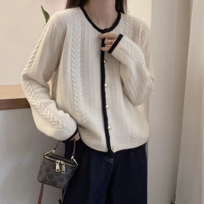 Round Neck Contrast Trim Cable Knit Cardigan