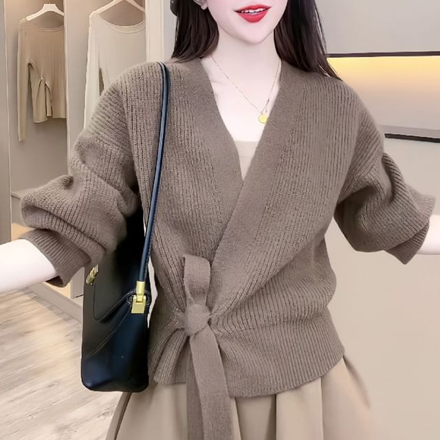 Ribbed V-Neck Tie Front Wrap Sweater