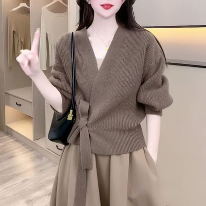Ribbed V-Neck Tie Front Wrap Sweater
