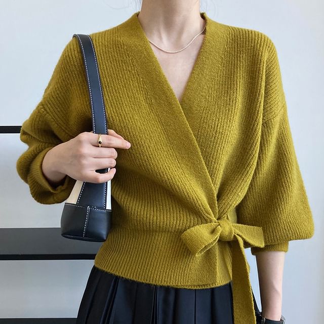 Ribbed V-Neck Tie Front Wrap Sweater