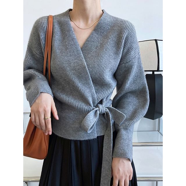 Ribbed V-Neck Tie Front Wrap Sweater