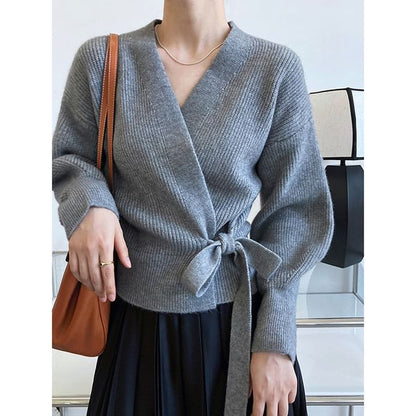Ribbed V-Neck Tie Front Wrap Sweater