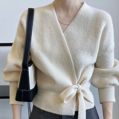 Ribbed V-Neck Tie Front Wrap Sweater