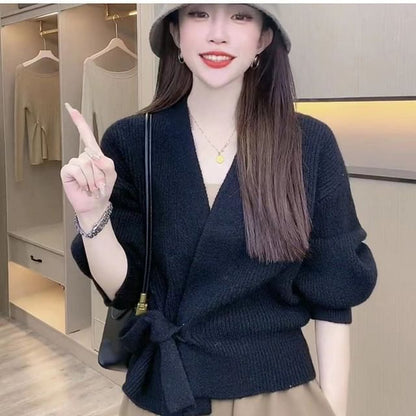 Ribbed V-Neck Tie Front Wrap Sweater