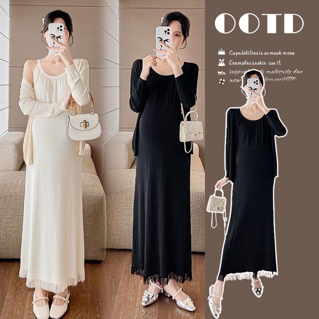 Maternity Spaghetti Strap Scoop Neck Fringed Midi Dress and Pointelle Cardigan Set