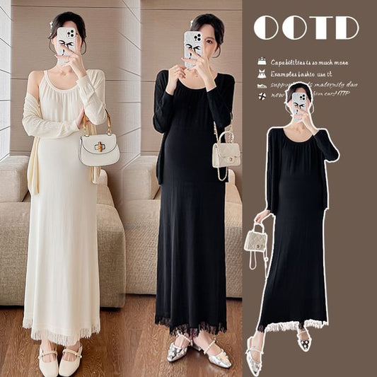 Maternity Spaghetti Strap Scoop Neck Fringed Midi Dress and Pointelle Cardigan Set
