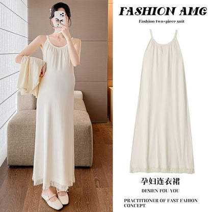 Maternity Spaghetti Strap Scoop Neck Fringed Midi Dress and Pointelle Cardigan Set