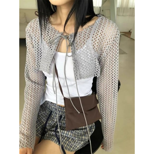 Crew Neck Perforated Tie Front Crop Cardigan