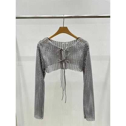 Crew Neck Perforated Tie Front Crop Cardigan