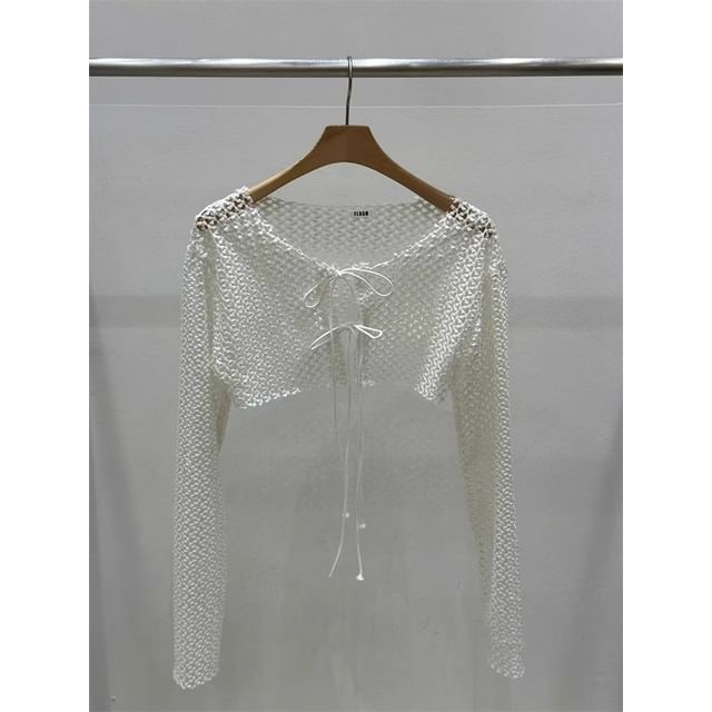 Crew Neck Perforated Tie Front Crop Cardigan