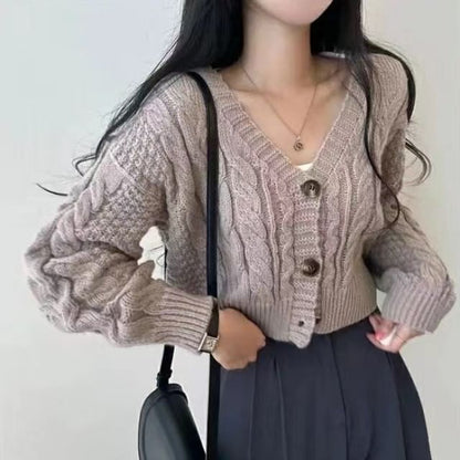 Cable-Knit Cropped V-Neck Cardigan
