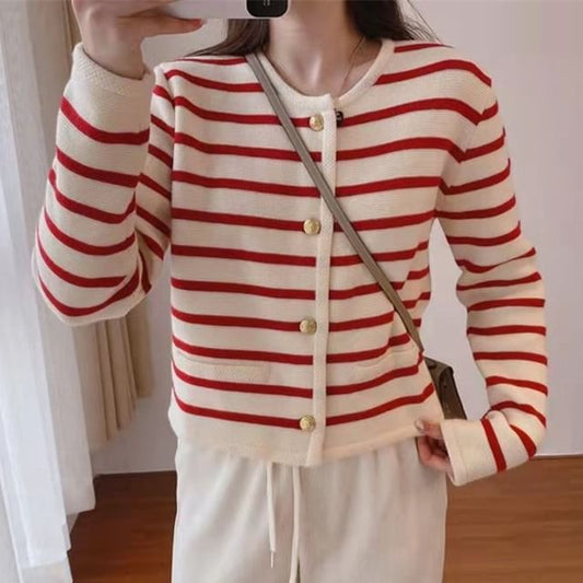 Striped Round Neck Cardigan
