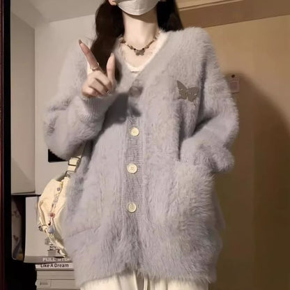 Fluffy Oversized Puff-Sleeve V-Neck Cardigan