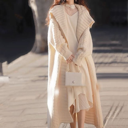 Cable-Knit Maxi Open Front Cardigan with Collar