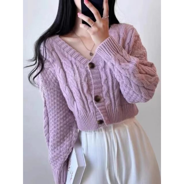 Cable-Knit Cropped V-Neck Cardigan
