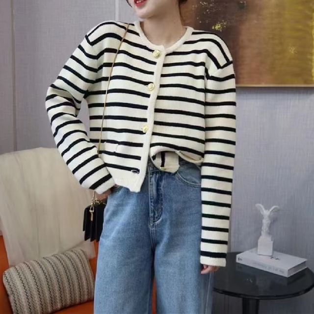 Striped Round Neck Cardigan