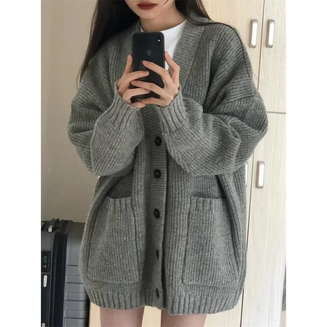 Oversized V-Neck Cardigan with Pocket Detail