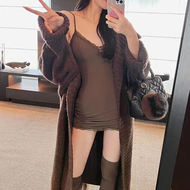 Cable-Knit Maxi Open Front Cardigan with Collar