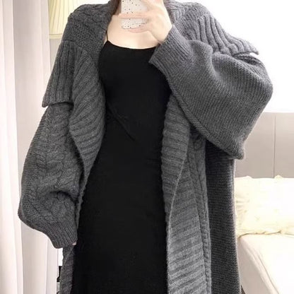 Cable-Knit Maxi Open Front Cardigan with Collar