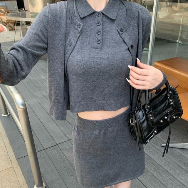 Round Neck Cardigan Set with Sleeveless Crop Top and Mini Skirt