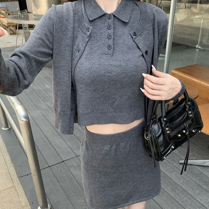 Round Neck Cardigan Set with Sleeveless Crop Top and Mini Skirt