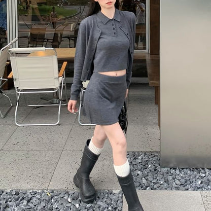 Round Neck Cardigan Set with Sleeveless Crop Top and Mini Skirt