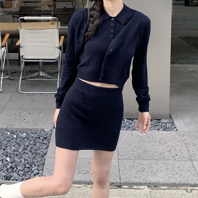Round Neck Cardigan Set with Sleeveless Crop Top and Mini Skirt