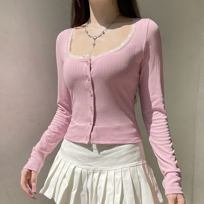 Ribbed-Knit Round-Neck Lace-Trim Crop Cardigan