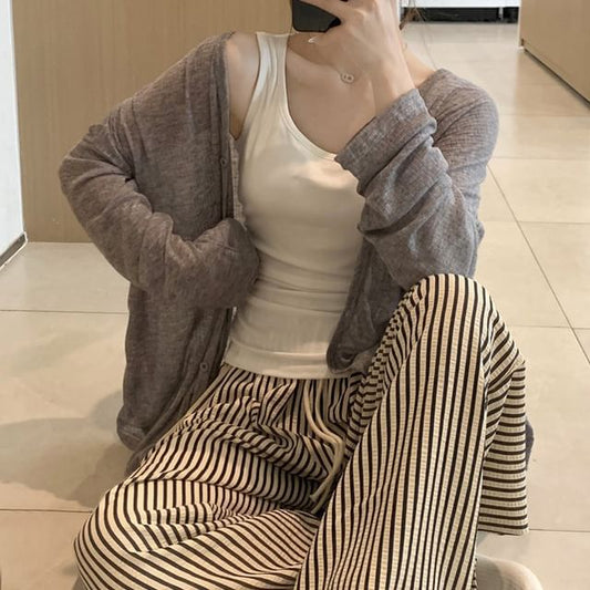 Scoop Neck Tank Top, V-Neck Cardigan & Striped Pants Pajama Set