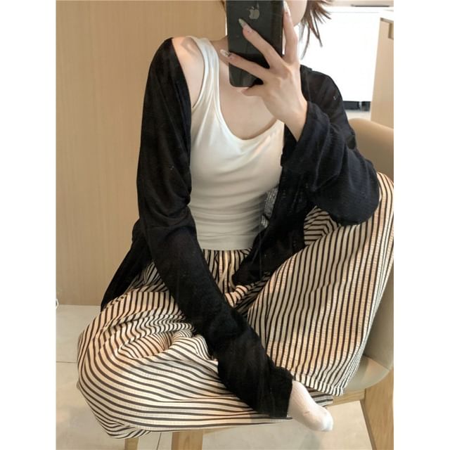 Scoop Neck Tank Top, V-Neck Cardigan & Striped Pants Pajama Set
