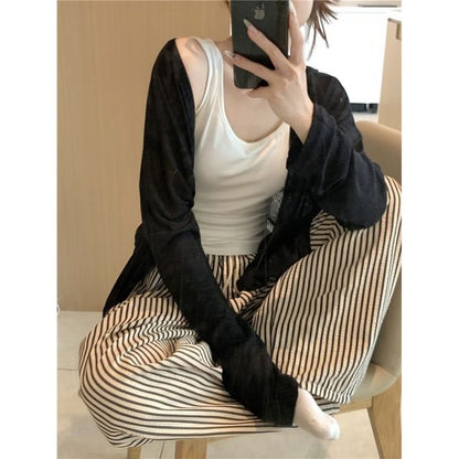 Scoop Neck Tank Top, V-Neck Cardigan & Striped Pants Pajama Set