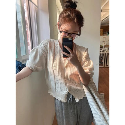 3/4-Sleeve Round Neck Pointelle Cardigan