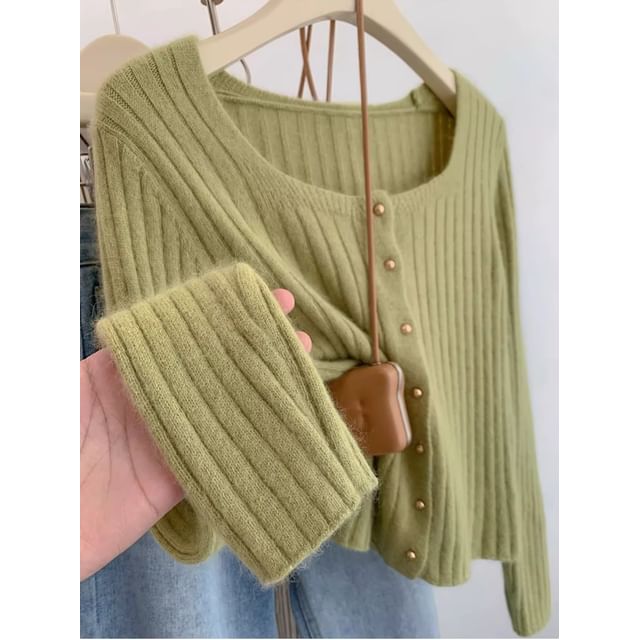 Scoop Neck Ribbed Button-Up Crop Cardigan
