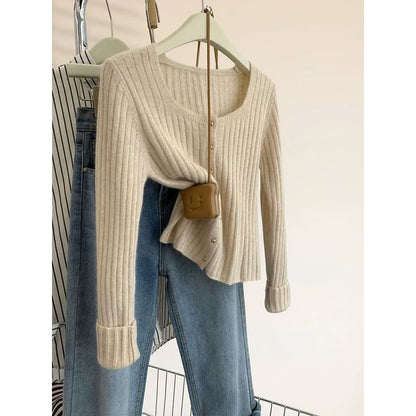 Scoop Neck Ribbed Button-Up Crop Cardigan