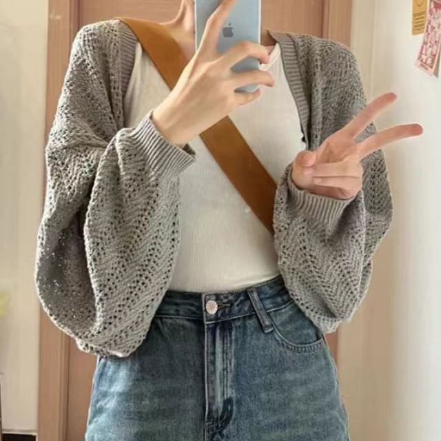 Pointelle Knit Open Front Crop Cardigan
