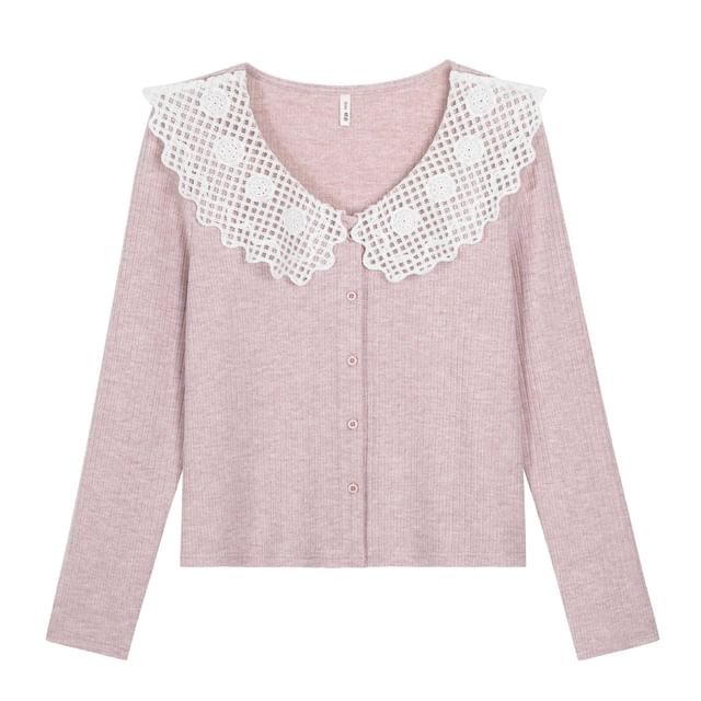 Two Tone Button-Up Cardigan with Lace Collar