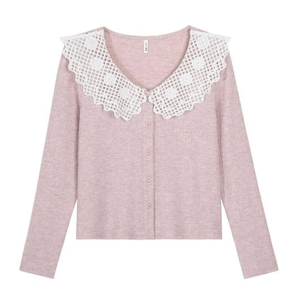 Two Tone Button-Up Cardigan with Lace Collar