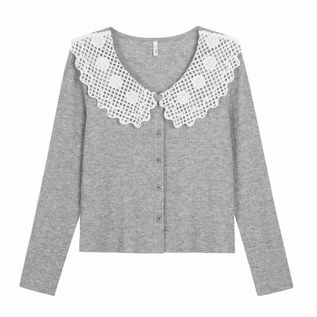 Two Tone Button-Up Cardigan with Lace Collar