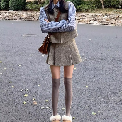 Long-Sleeve Striped Button-Up Shirt / Crew Neck Tweed Crop Vest / High Waist Pleated Mini A-Line Skirt / Set
